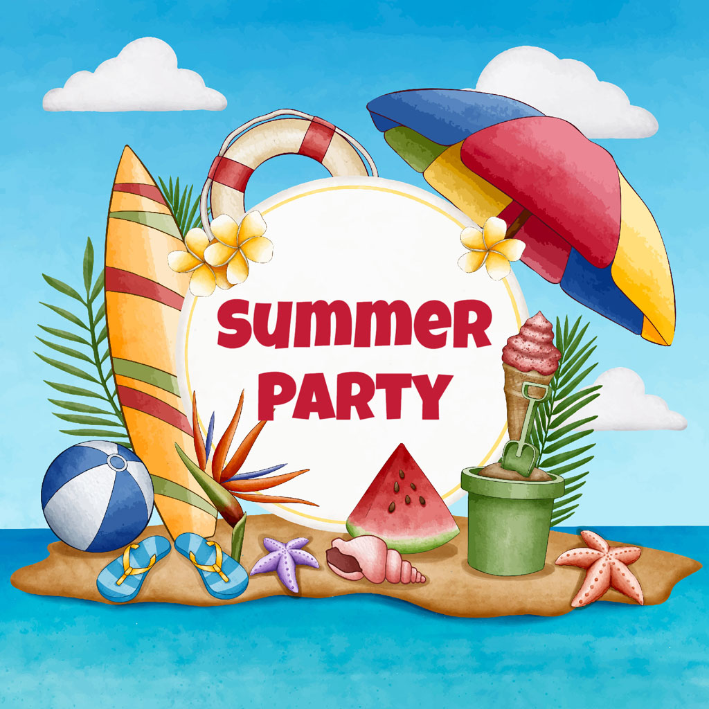 Summer party illustration with beach ball, surfboard, and ice cream