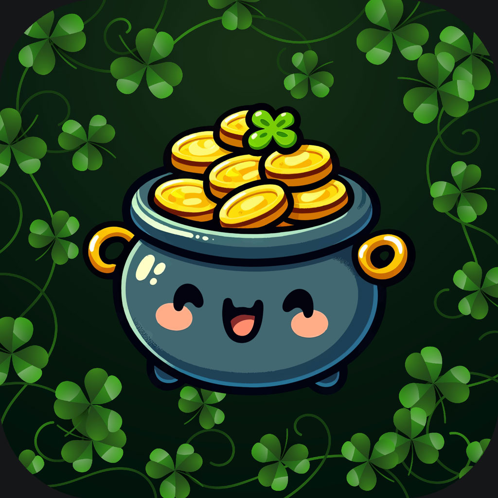 Cartoon pot of gold with a smiling face, surrounded by clover.