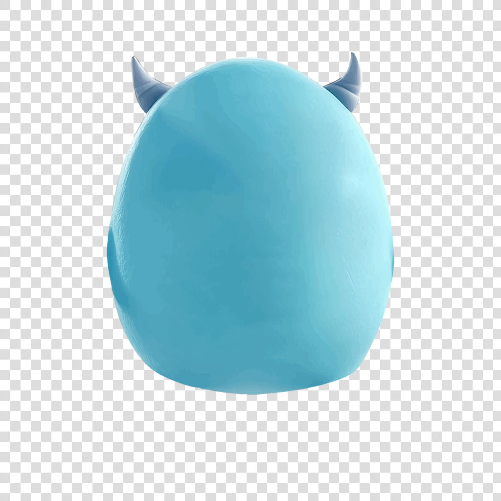 Back view of a blue plush toy with devil horns