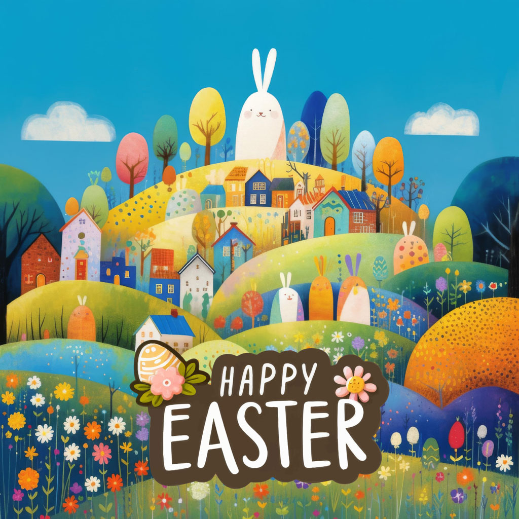 Illustration of Easter bunnies in a village surrounded by flowers