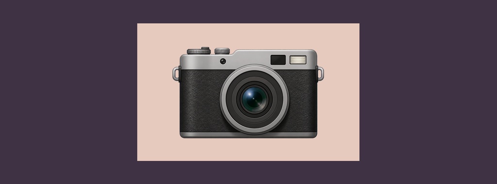 A retro camera centered on a pale pink background with a dark purple border.