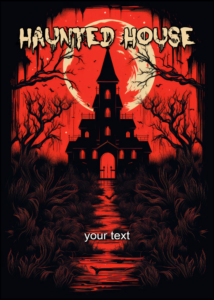 Haunted house with a red moon and bare trees