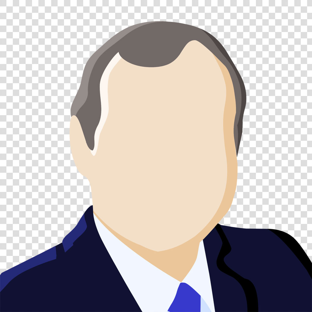 Illustration of a man in a dark blue suit, white shirt, and blue tie.