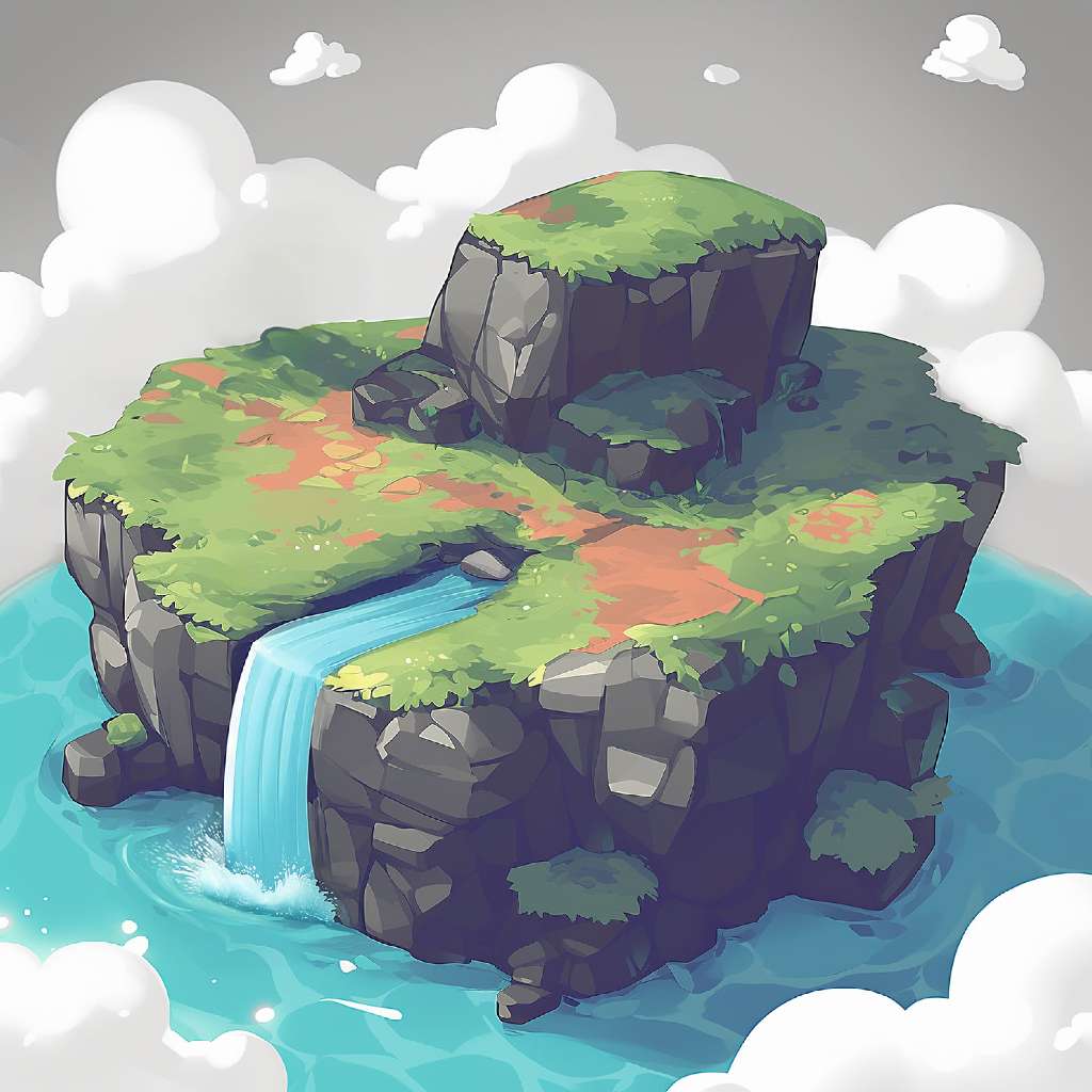 A cartoon island with a waterfall and greenery surrounded by water and clouds