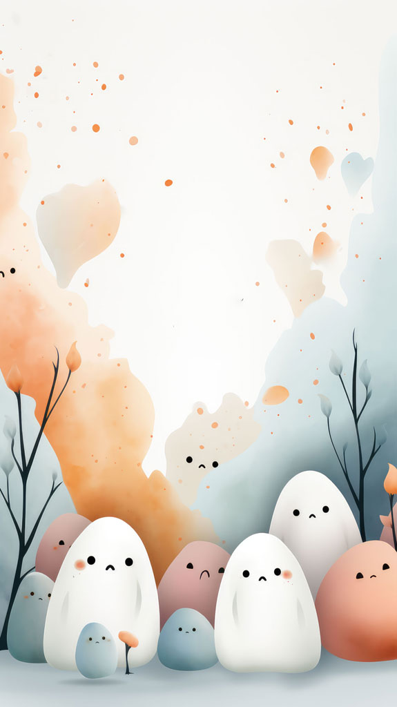 A group of Easter eggs with faces and bare trees on a watercolor background