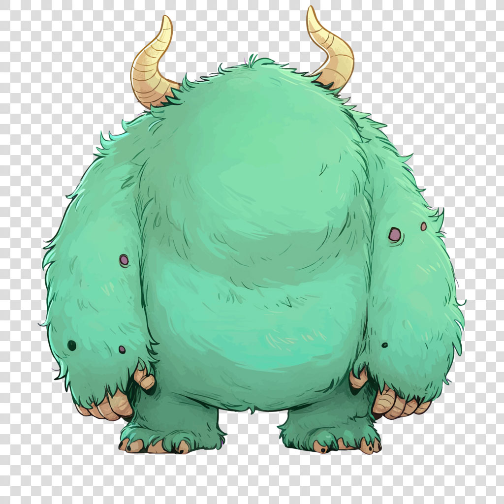 Illustration of a green, furry monster with horns and sharp claws