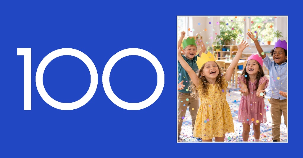 Blue event cover with large white 100 and children celebrating in a photo frame