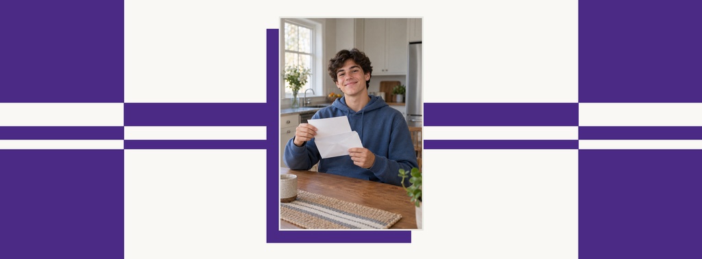 Smiling student holding an acceptance letter in a purple and white page cover layout