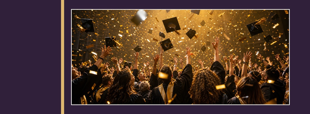 Crowd celebrating graduation under falling gold confetti in a landscape design.