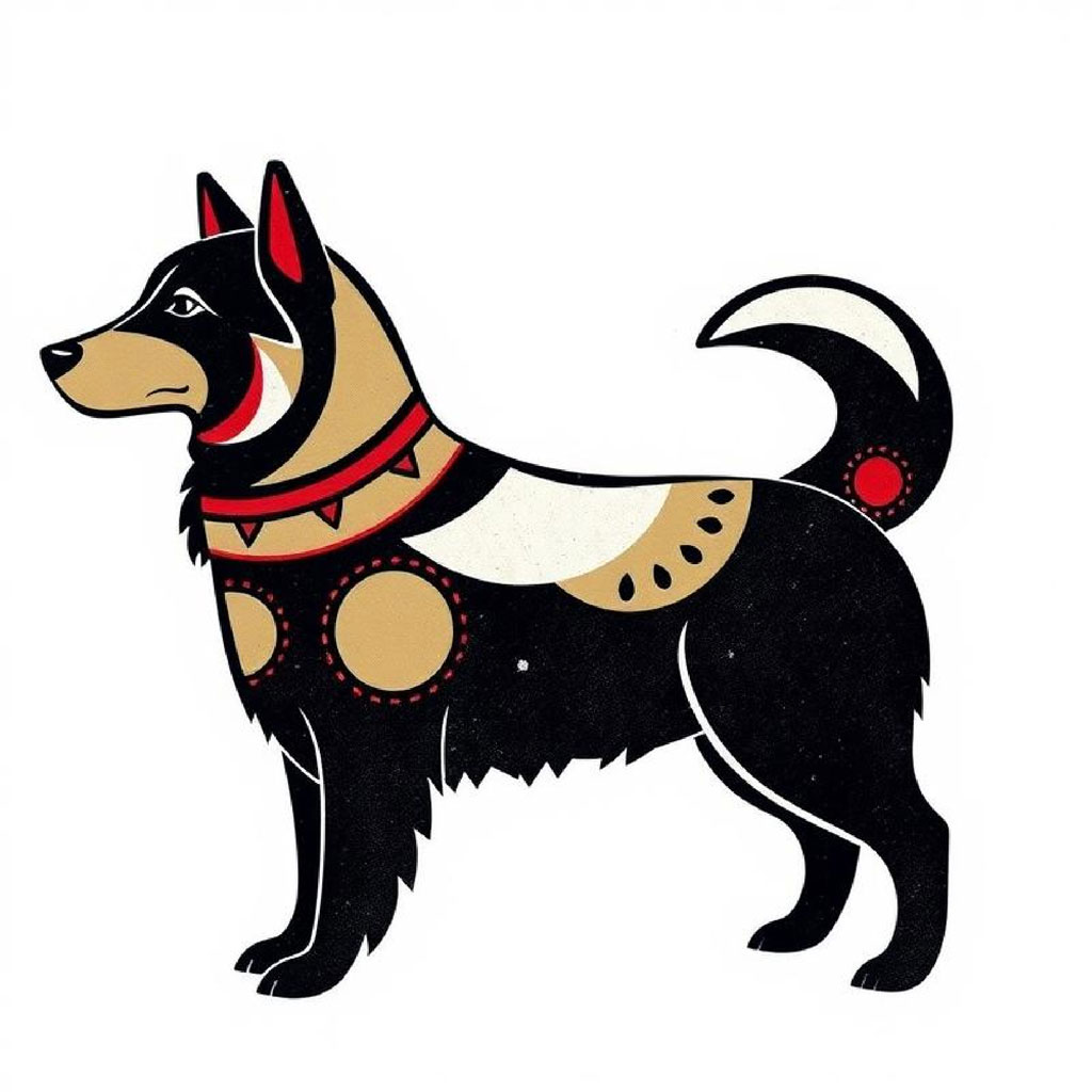 Woman in brown parka with striped scarf walking a large black bear and small black dog