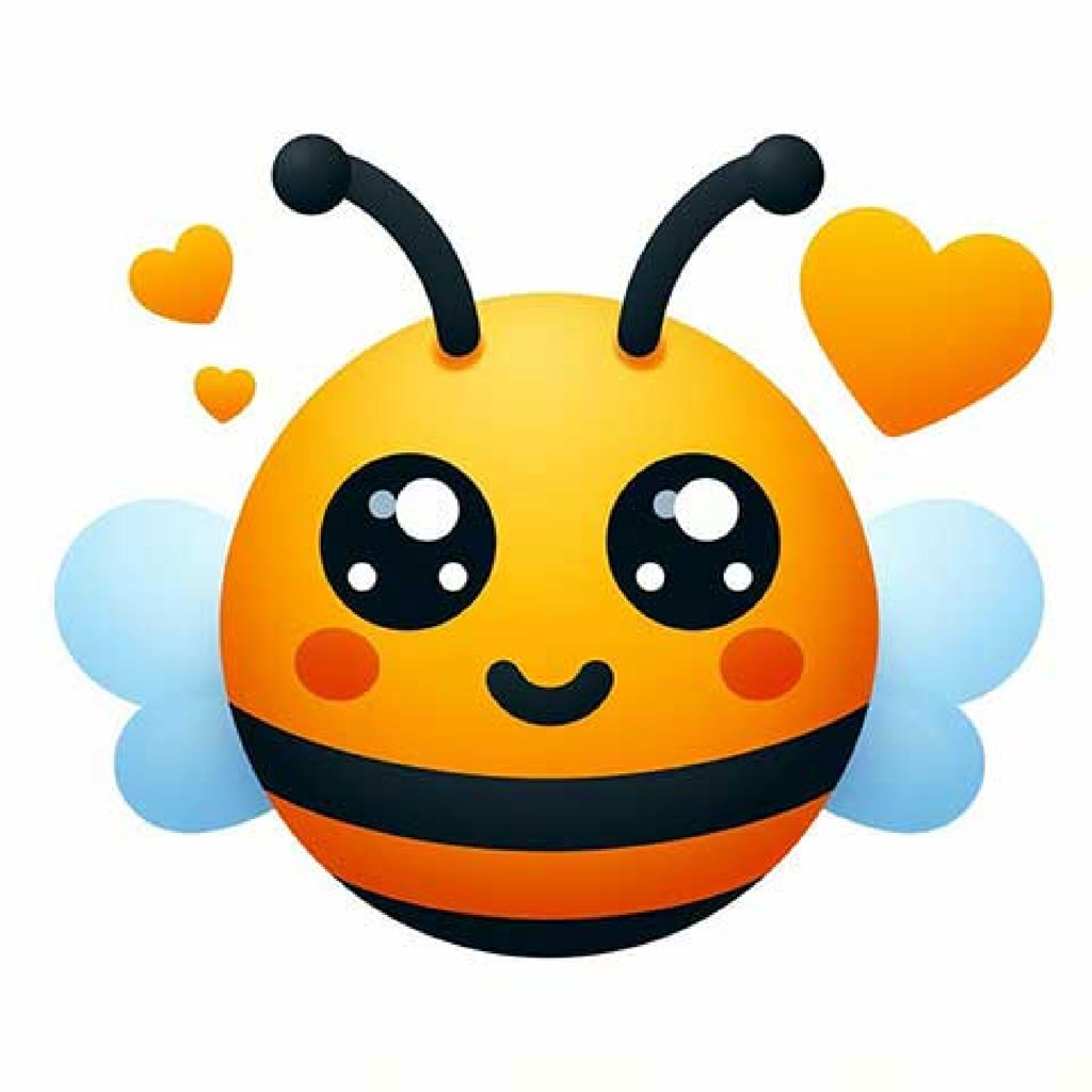 A 3D cartoon bee with yellow and black body, large eyes, and antennae.