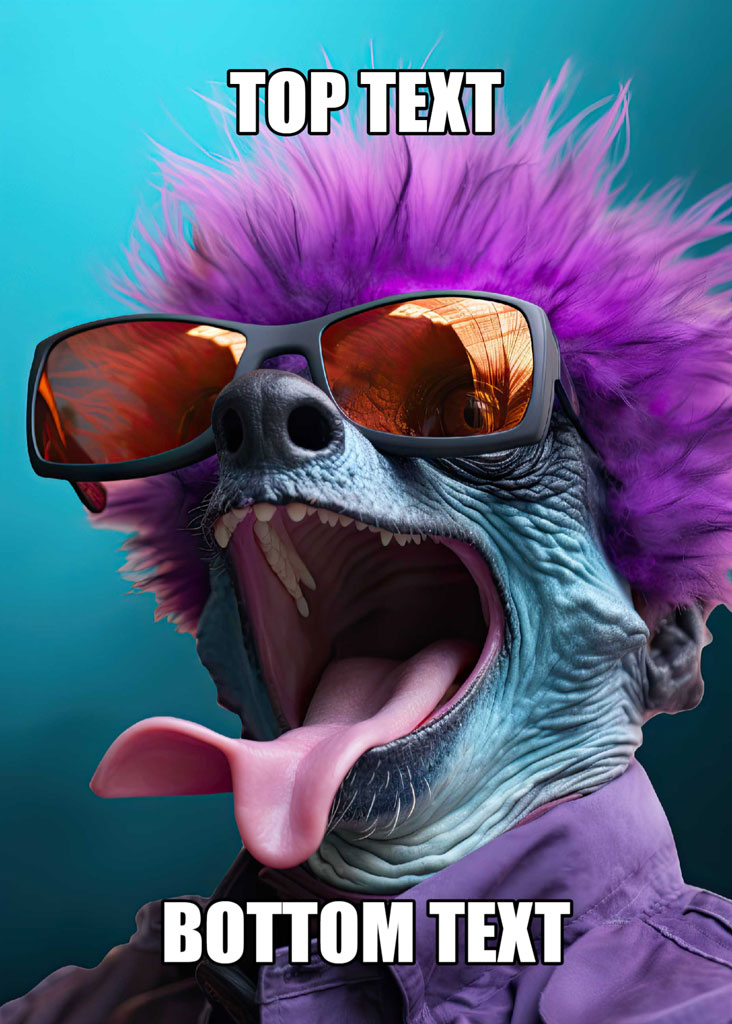 A cartoon dog with purple hair and sunglasses, sticking out its tongue.