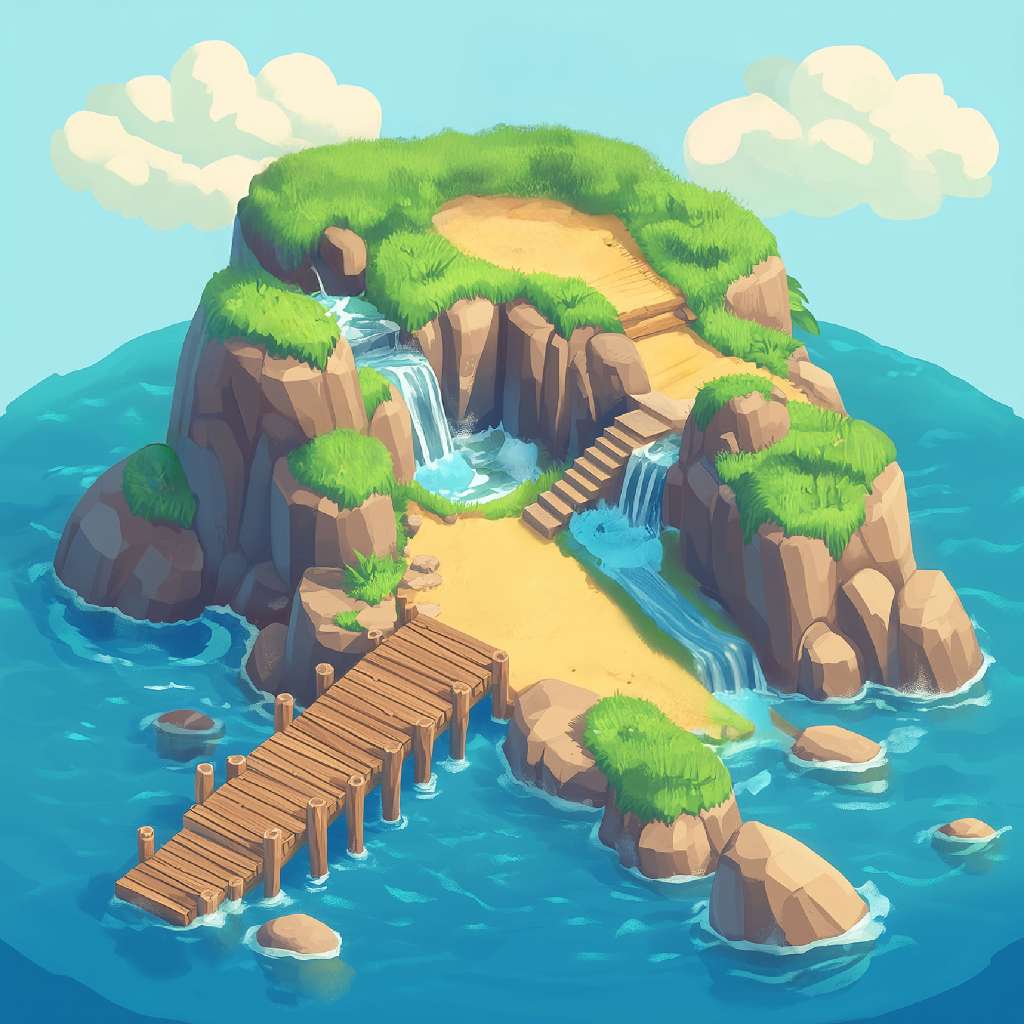 A cartoon island with a wooden dock and waterfalls