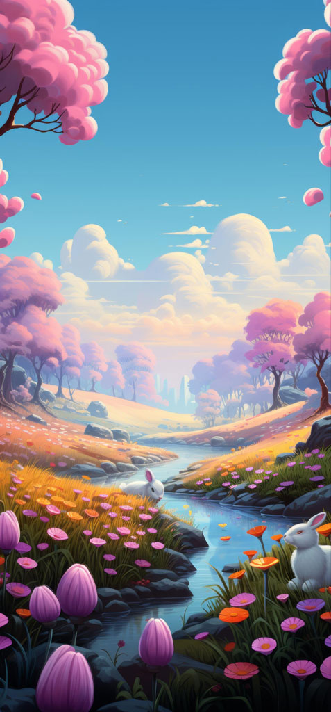 A digital illustration of a serene landscape with white rabbits among colorful flowers and a winding stream.