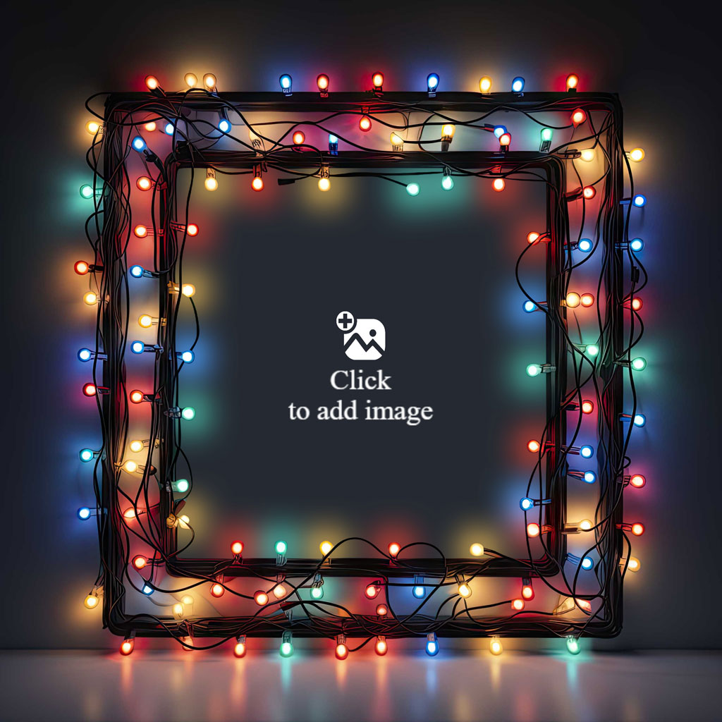 A baby in a grey bunny hat sleeping peacefully surrounded by a frame of colorful Christmas lights.