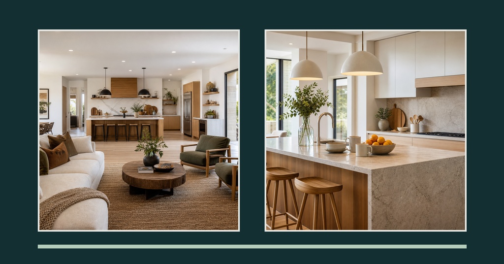 Two modern home interior photos in a dark green real estate event cover layout.