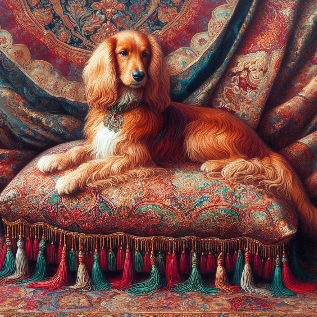 Illustration of a dog with a necklace featuring red pendants against a floral patterned background.