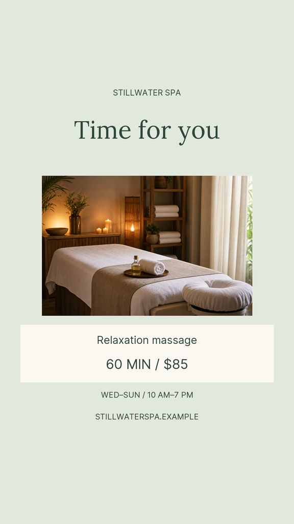 Minimal spa Instagram Story layout with massage room photo and relaxation offer text