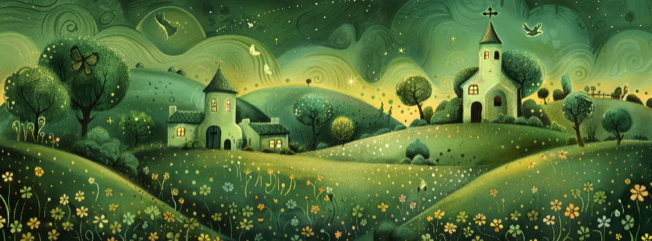 Illustration of a peaceful village with a church and houses amidst green hills and wildflowers