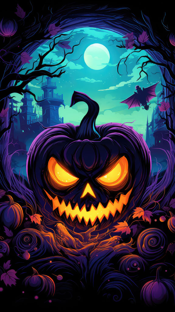 Glowing jack-o'-lantern with sharp teeth in a dark, mystical environment