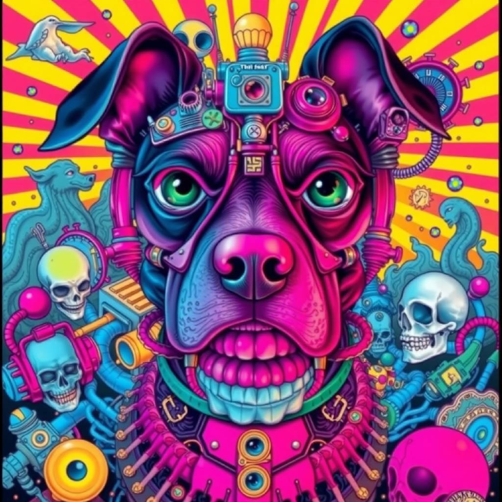 Steampunk-inspired skull artwork with bright colors and mechanical elements