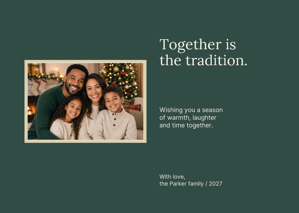 Landscape holiday card with family photo, warm greeting text, and dark green background
