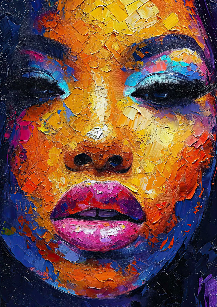 A close-up of a woman's face in a colorful, textured painting