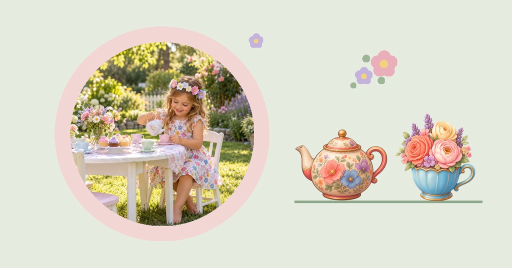 Young girl seated at a garden tea party table with flowers, teapot, and floral cupcake illustrations