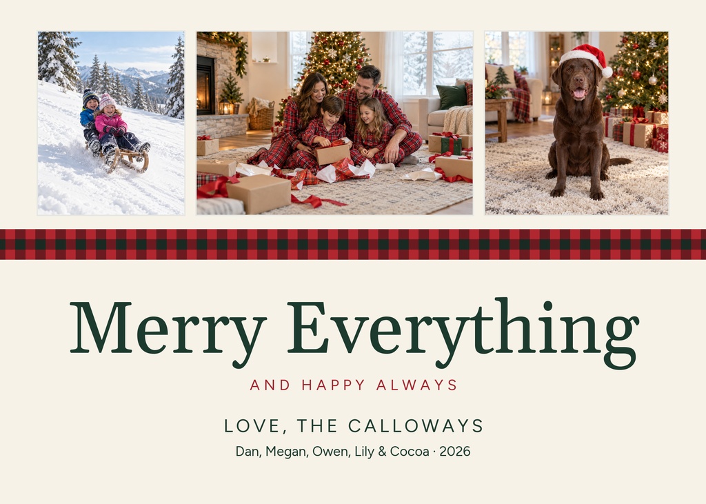 Landscape holiday card with three family photos, large Merry Everything text, and a cream background.