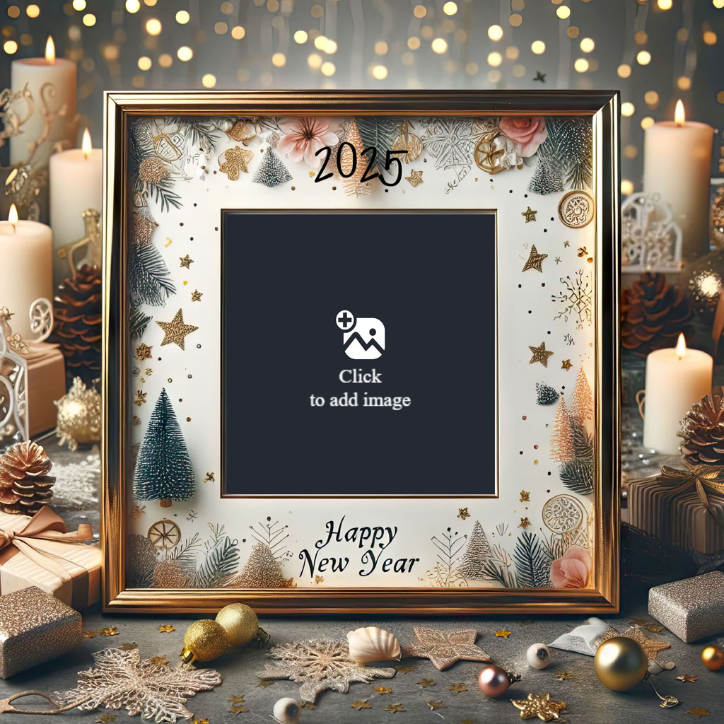 Gold framed template with '2025 Happy New Year' and Christmas decorations