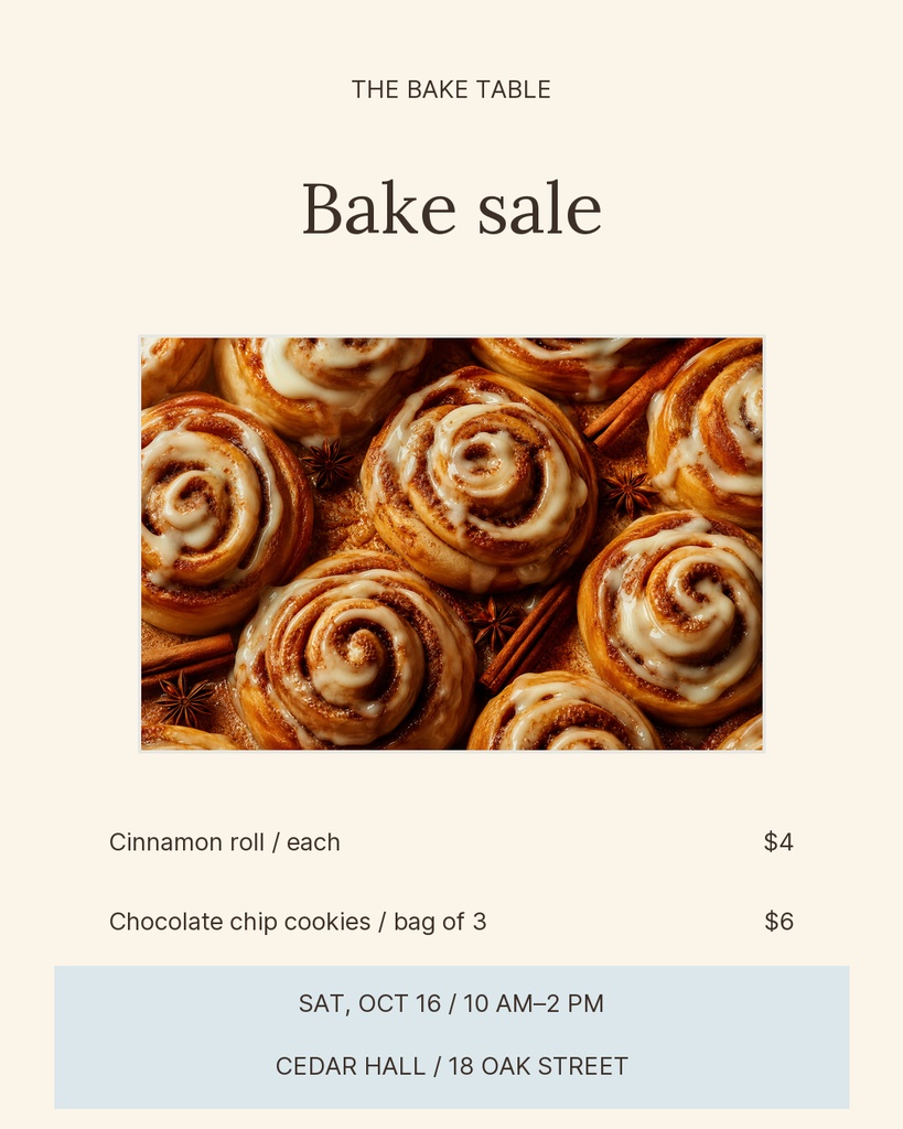 Portrait bake sale poster with cinnamon roll photo, prices, and event details on a light background.