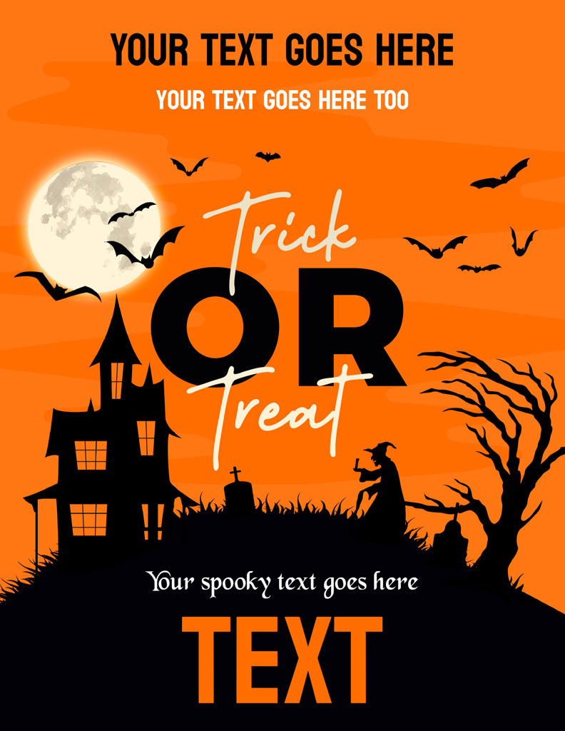 Halloween trick or treat template with haunted house and bats