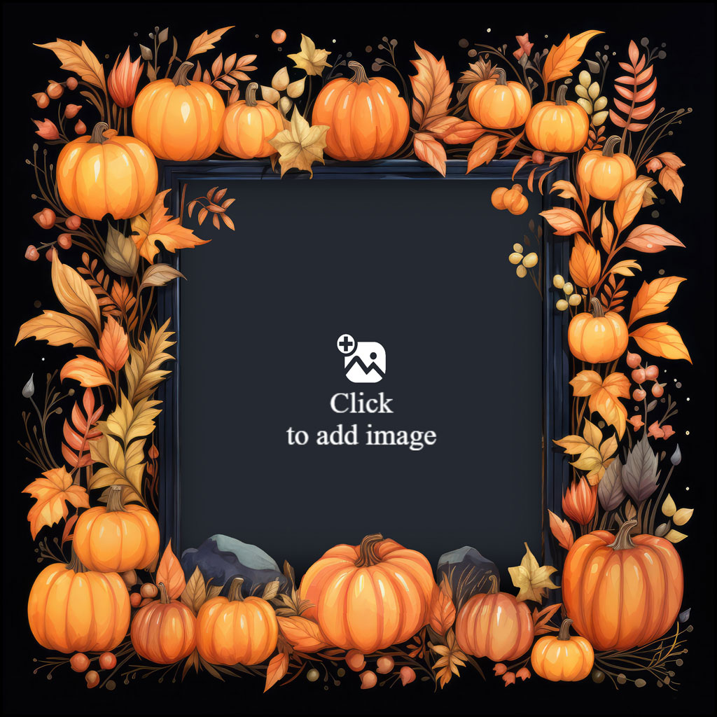 A dark blue frame surrounded by orange pumpkins and fall leaves