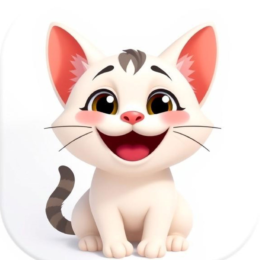A cartoon cat with a white body, brown tabby markings on its head and tail, and a happy expression.