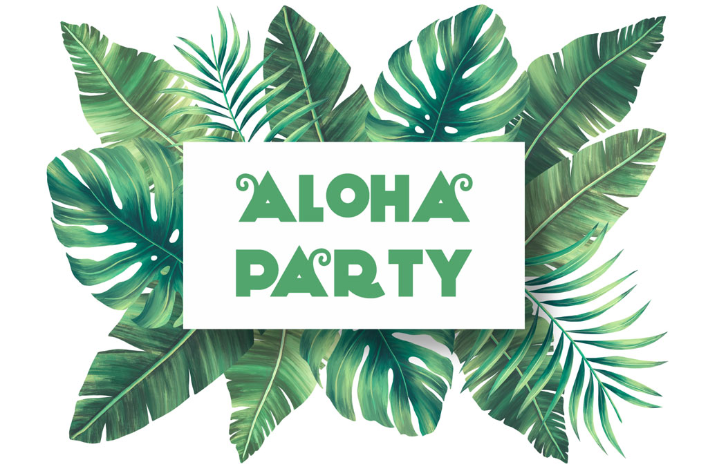 Aloha Party invitation with green leaves