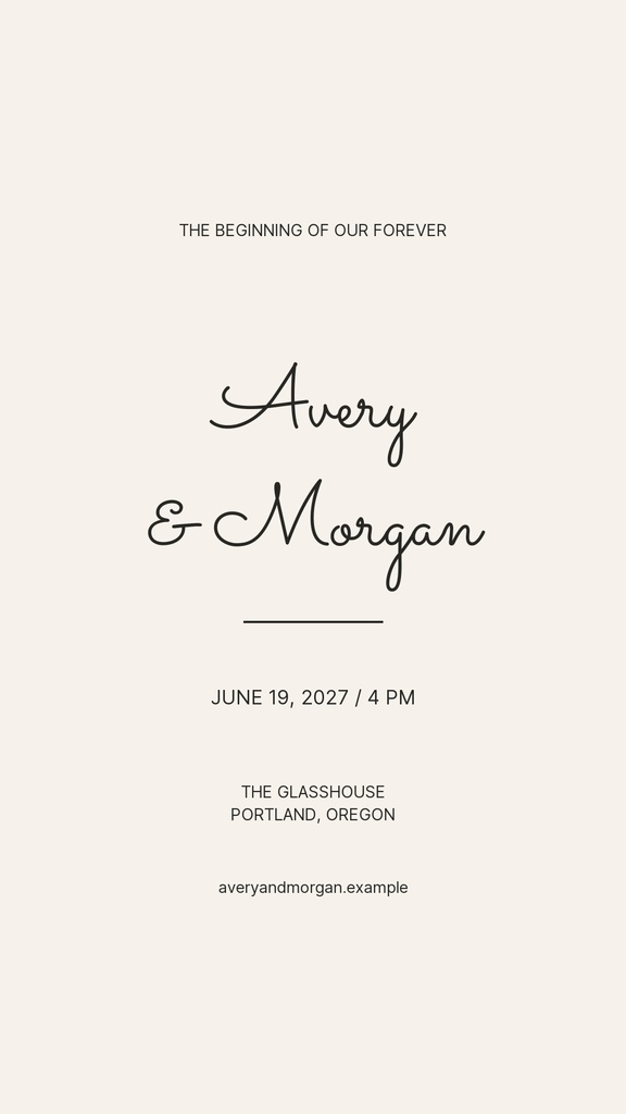 Minimal ivory wedding story template with handwritten names, date, and ceremony details.