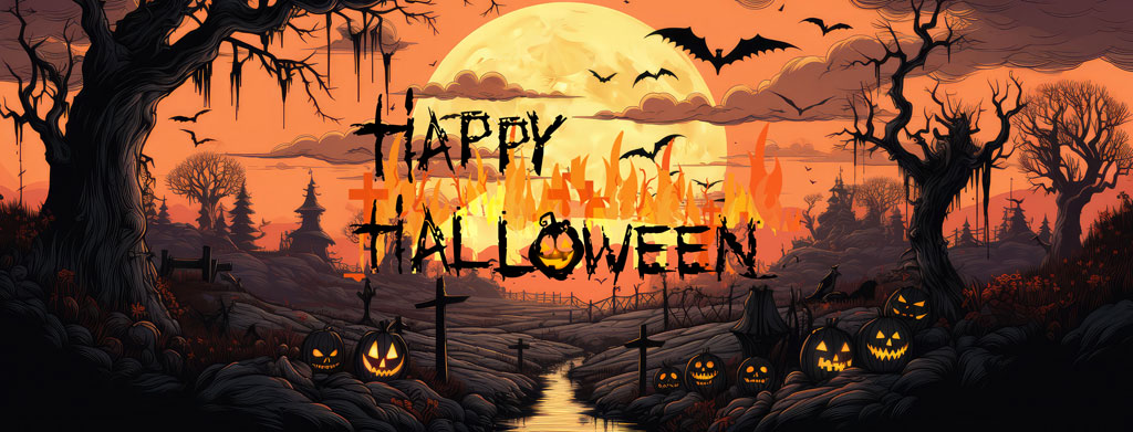 Halloween night scene with full moon, bats, and jack-o'-lanterns