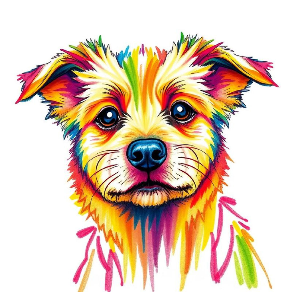 A colorful illustration of a dog's face