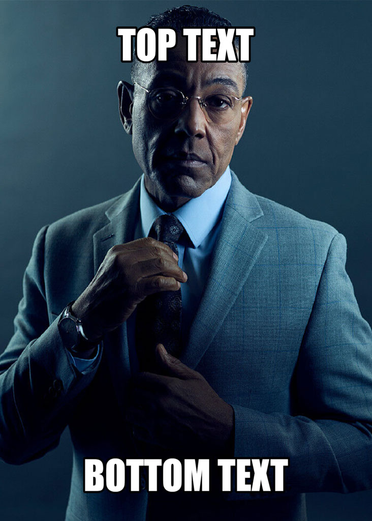 Man in a blue suit adjusting his tie with 'TOP TEXT' and 'BOTTOM TEXT' overlays.