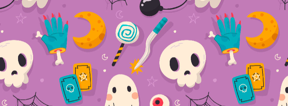 Halloween pattern with skulls, ghosts, and candy