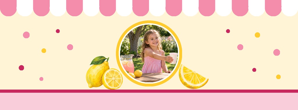 Pink lemonade themed cover with lemons, confetti dots, and a child photo in the center circle