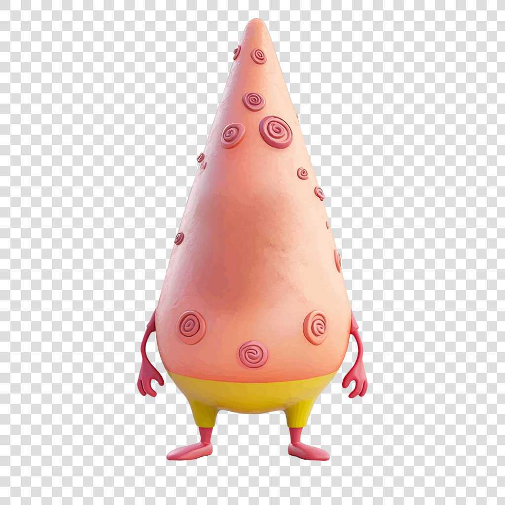 A cartoon character shaped like a pink cone with swirls and yellow pants.