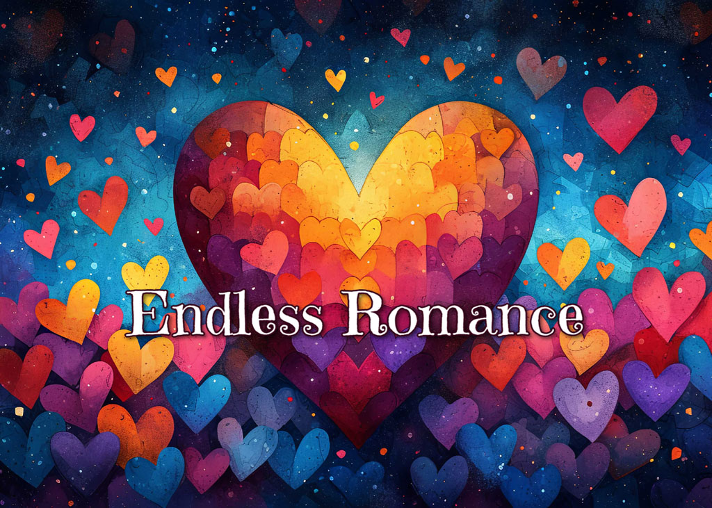 Colorful heart illustration with Endless Romance text