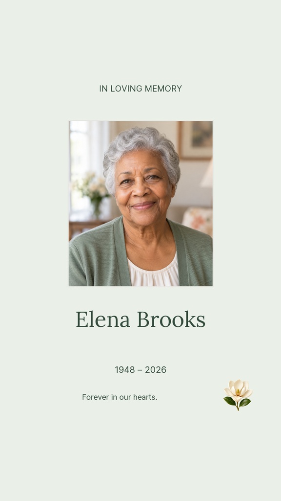 Vertical memorial story design with portrait photo, floral accent, and tribute text.