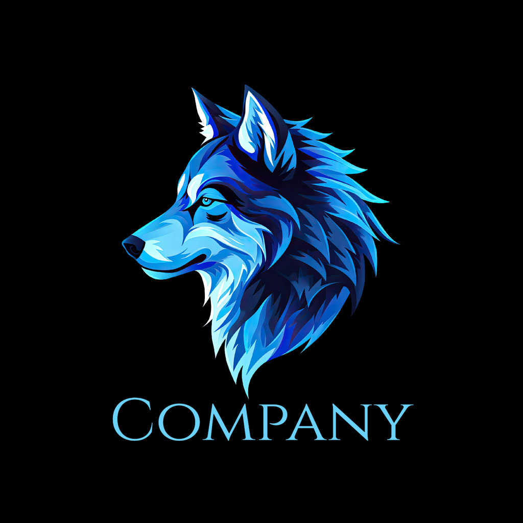 Stylized blue wolf head logo
