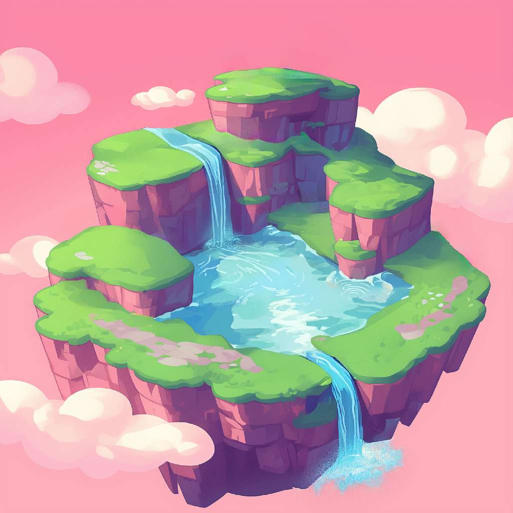 A cartoon illustration of a floating island with waterfalls and greenery surrounded by pink sky and clouds.