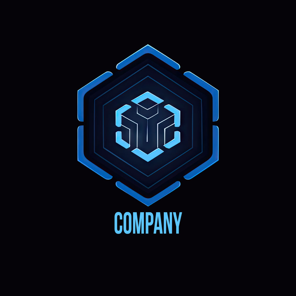Company logo with a stylized cube in a hexagon