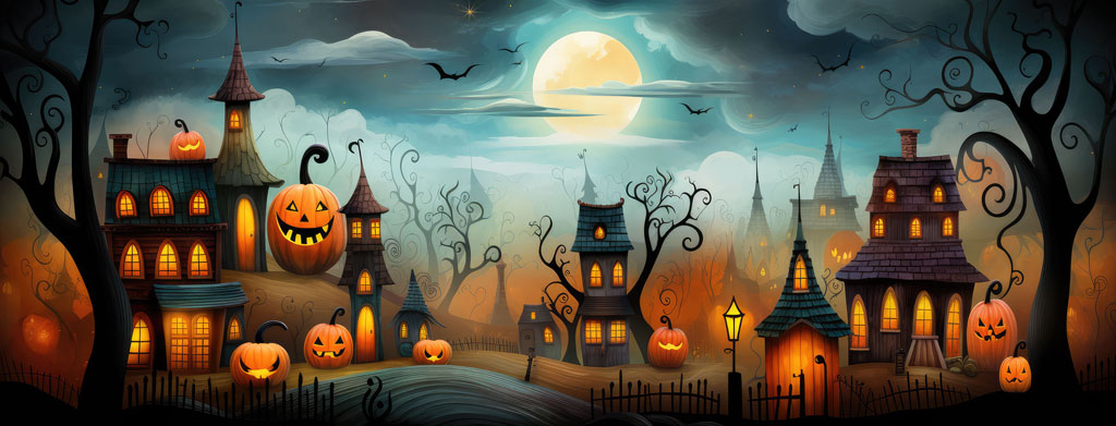 A cartoonish Halloween scene with houses and jack-o'-lanterns lit up at night
