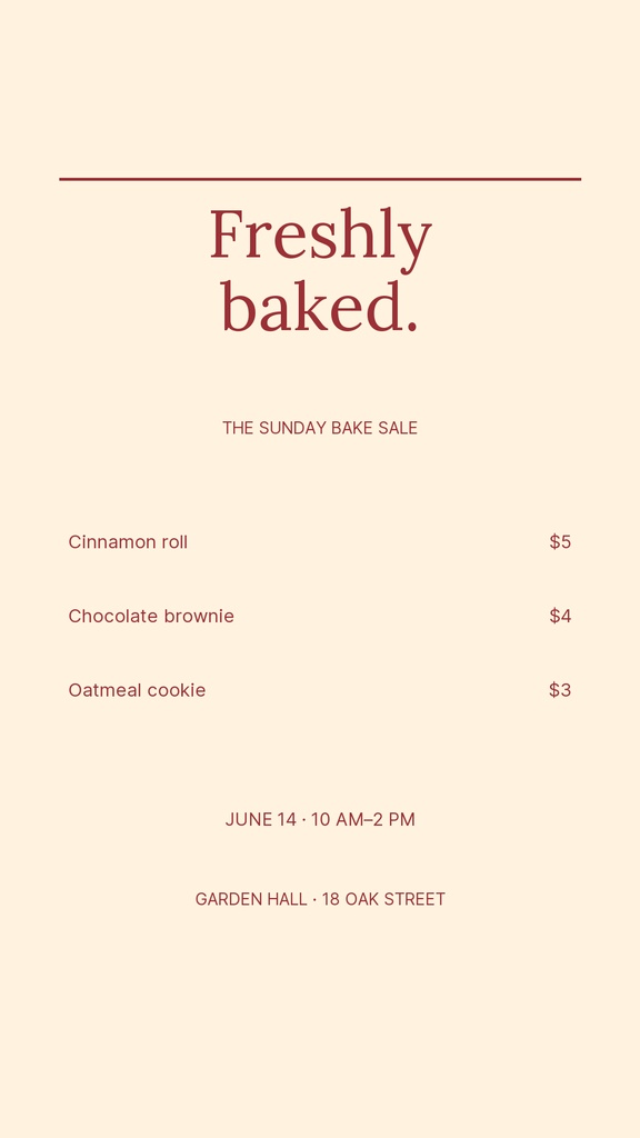 Minimal portrait bake sale menu with baked goods and prices on a cream background