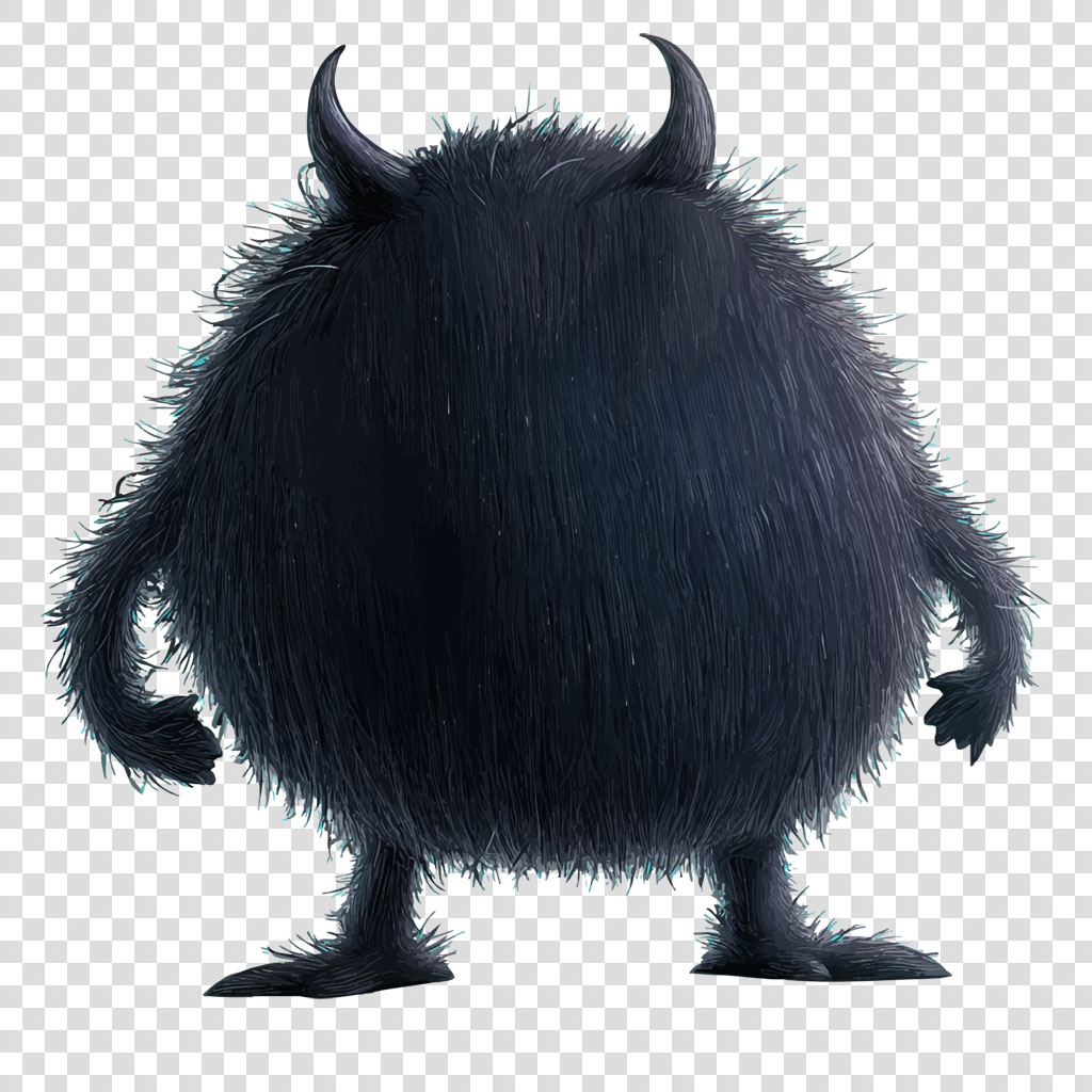 A black, furry monster with two horns standing on its legs.